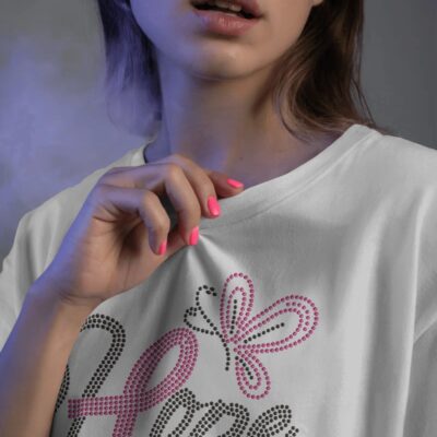 <p><img src="Hope-8.jpg" alt="Butterfly Hope Rhinestones Tee featuring rhinestone design with text 'Hope' and butterfly motif in pink and silver on white fabric." /></p>
