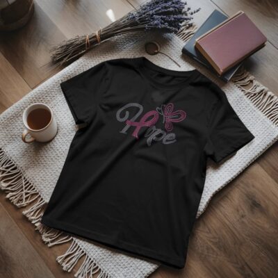 <p>ALT text: Butterfly Hope Rhinestones Tee in black featuring "Hope" in rhinestones with a pink butterfly design, perfect for family wear.</p>