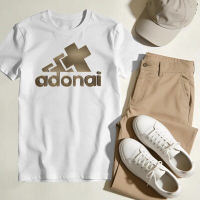 <p>Adonai graphic tee in white features a bold gold design with the word "adonai," paired with khaki pants and white sneakers.</p>